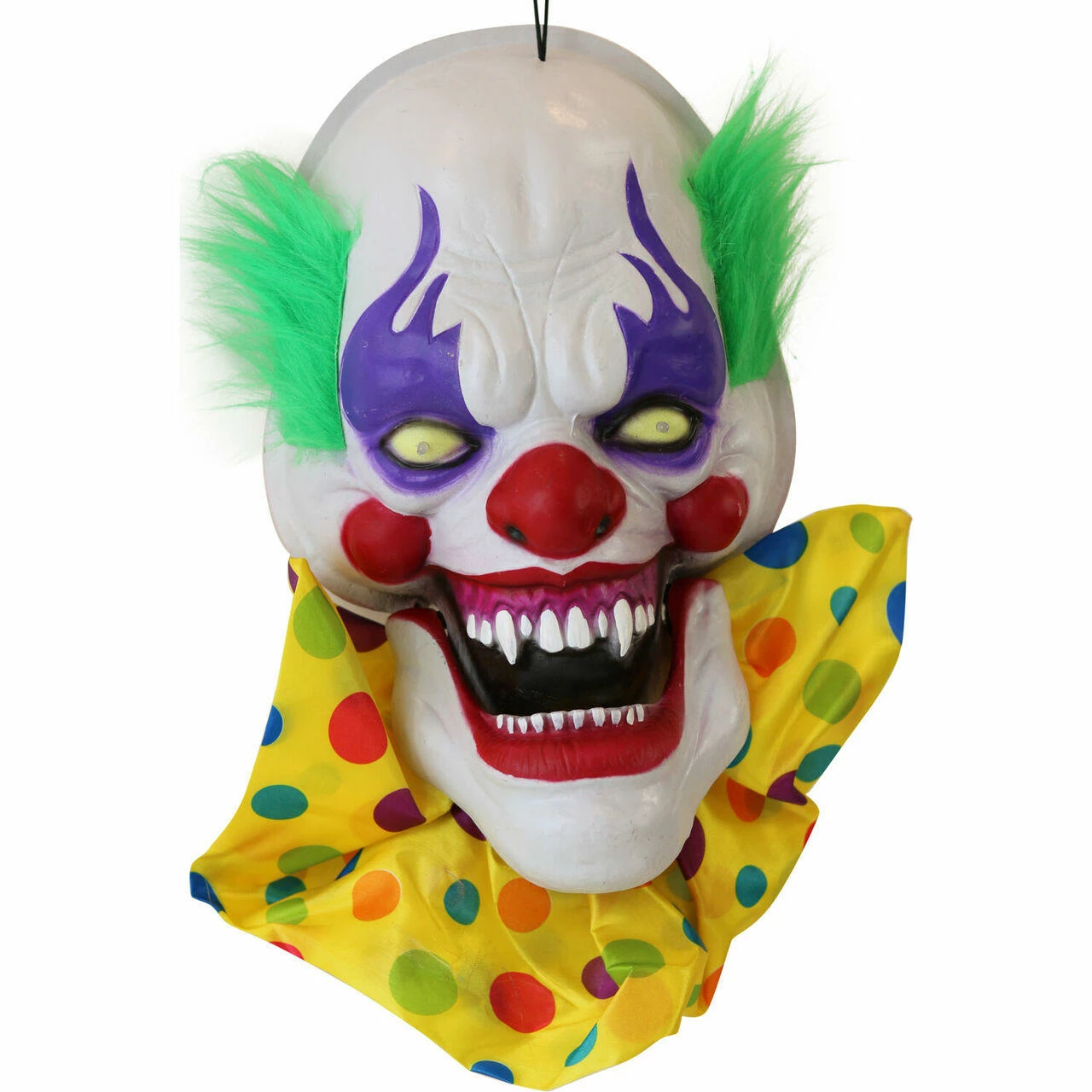 Fraser Hill Farm Haunted Hill Farm 20-In. Hanging Talking Clown Head, Halloween Decoration For Indoor Or Covered Outdoor Display, Battery-Operated, Yellow/Green, HHDHCLOWN-2LSA