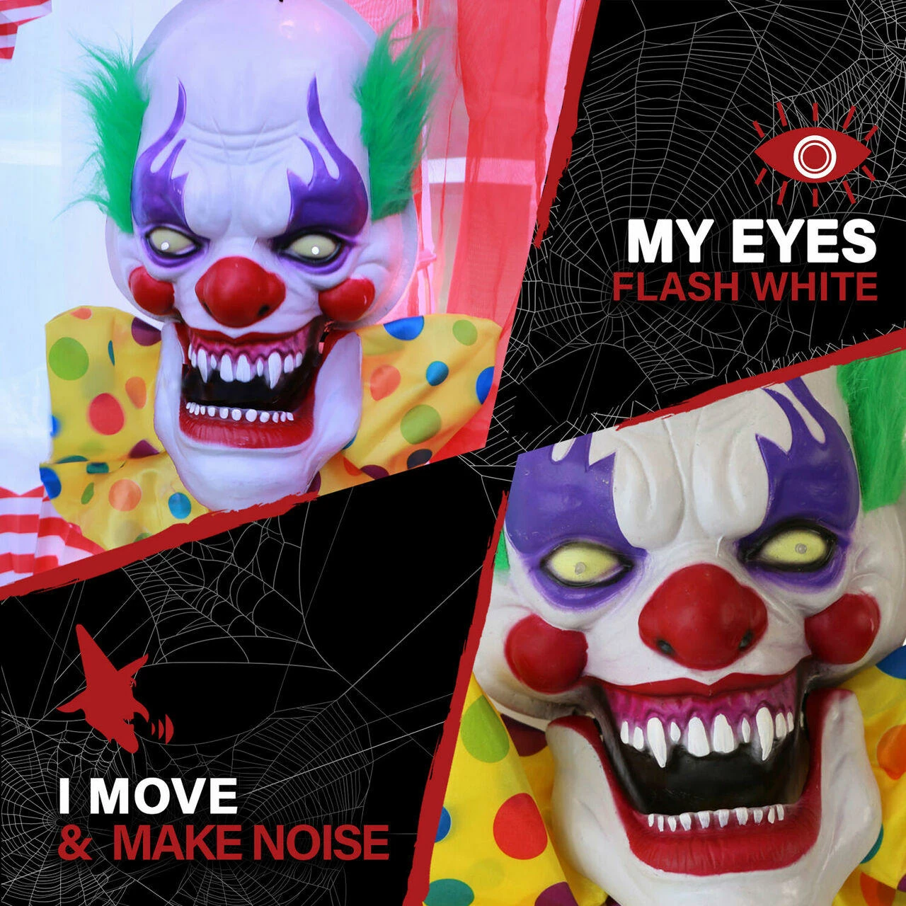 Fraser Hill Farm Haunted Hill Farm 20-In. Hanging Talking Clown Head, Halloween Decoration For Indoor Or Covered Outdoor Display, Battery-Operated, Yellow/Green, HHDHCLOWN-2LSA - Image 3