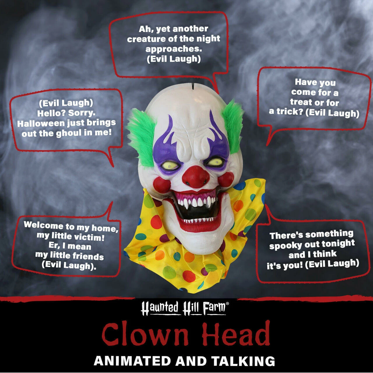 Fraser Hill Farm Haunted Hill Farm 20-In. Hanging Talking Clown Head, Halloween Decoration For Indoor Or Covered Outdoor Display, Battery-Operated, Yellow/Green, HHDHCLOWN-2LSA - Image 4