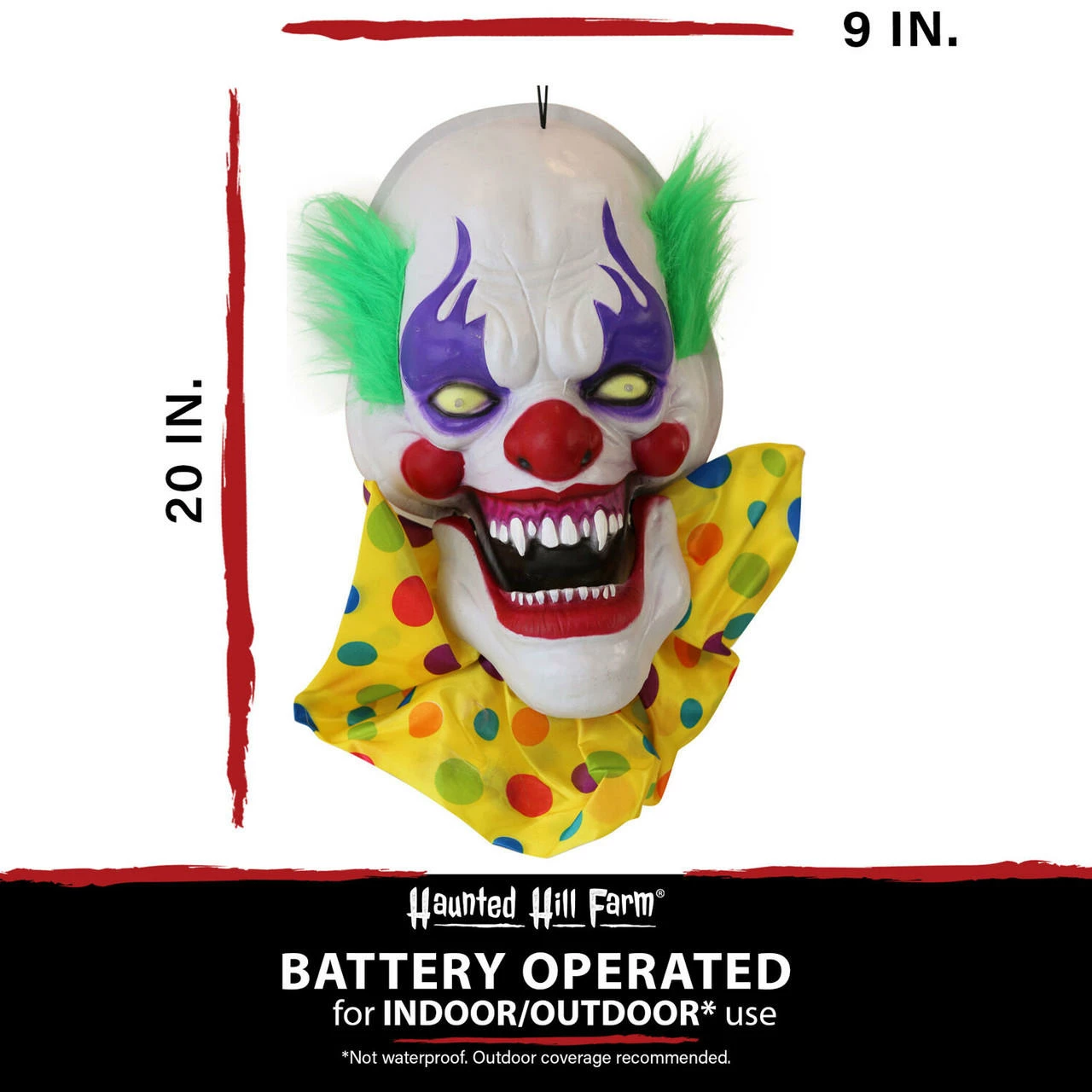 Fraser Hill Farm Haunted Hill Farm 20-In. Hanging Talking Clown Head, Halloween Decoration For Indoor Or Covered Outdoor Display, Battery-Operated, Yellow/Green, HHDHCLOWN-2LSA - Image 5