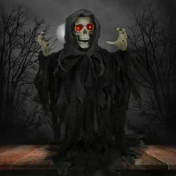 Fraser Hill Farm Animatronic Poseable Reaper Skeleton W/ Flashing Red Eyes, 46 In (Odin)