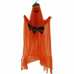 Fraser Hill Farm Haunted Hill Farm 3.3-ft. Orange Ghost With Stake/Pumpkin Scroll, Poseable, Kid-Friendly