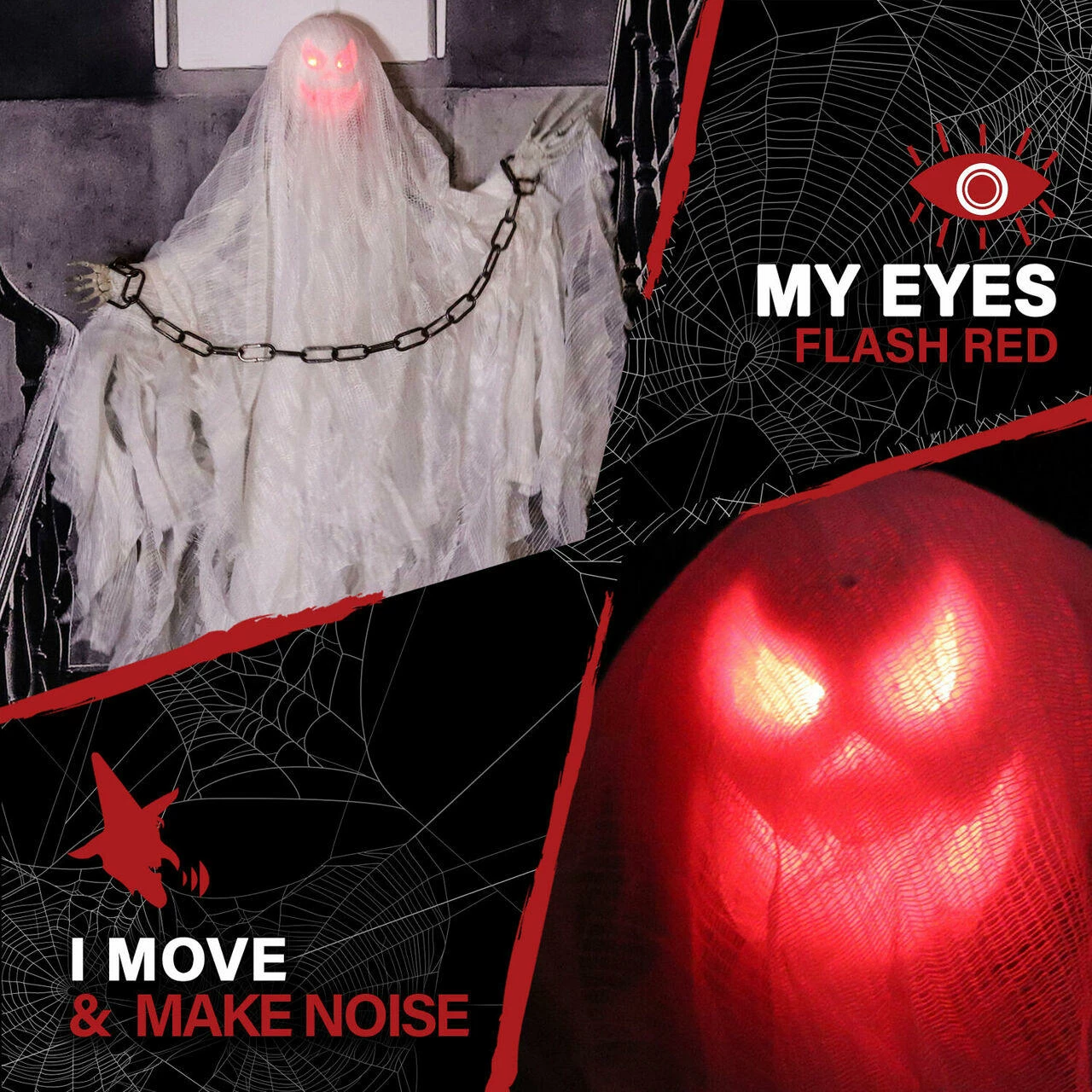 Fraser Hill Farm Haunted Hill Farm 32-In. Animatronic Hanging Ghost, Indoor/Outdoor Halloween Decoration, Red LED Eyes, Poseable, Battery-Operated, NORMA, HHMNGHST-2HLSA - Image 2