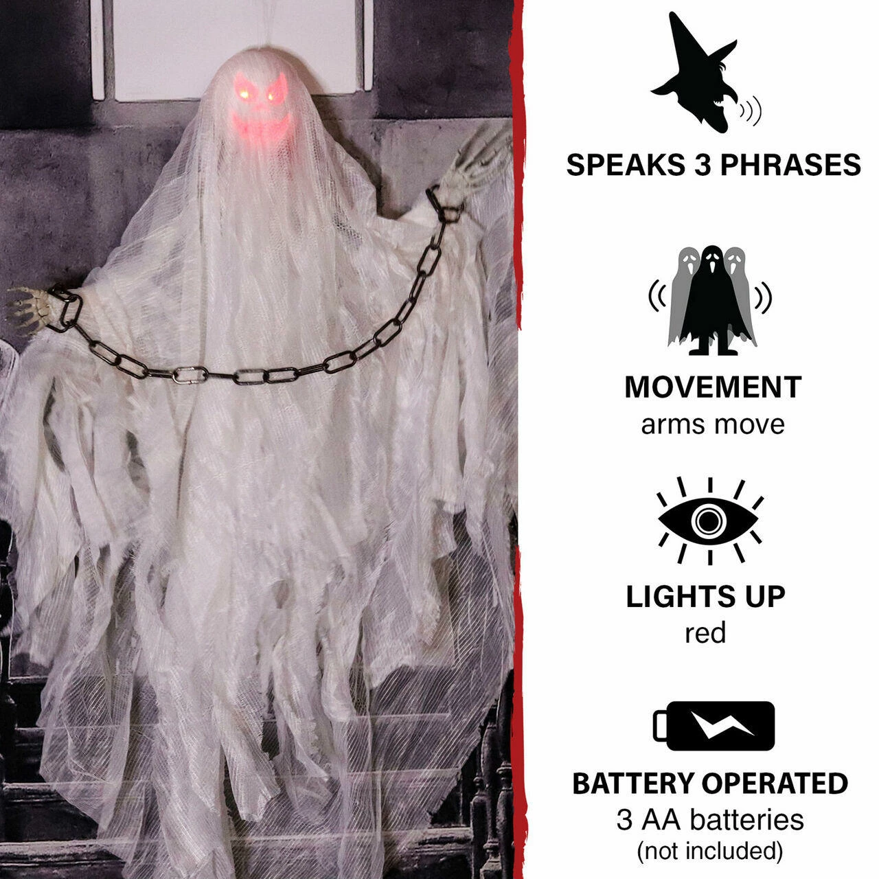 Fraser Hill Farm Haunted Hill Farm 32-In. Animatronic Hanging Ghost, Indoor/Outdoor Halloween Decoration, Red LED Eyes, Poseable, Battery-Operated, NORMA, HHMNGHST-2HLSA - Image 3