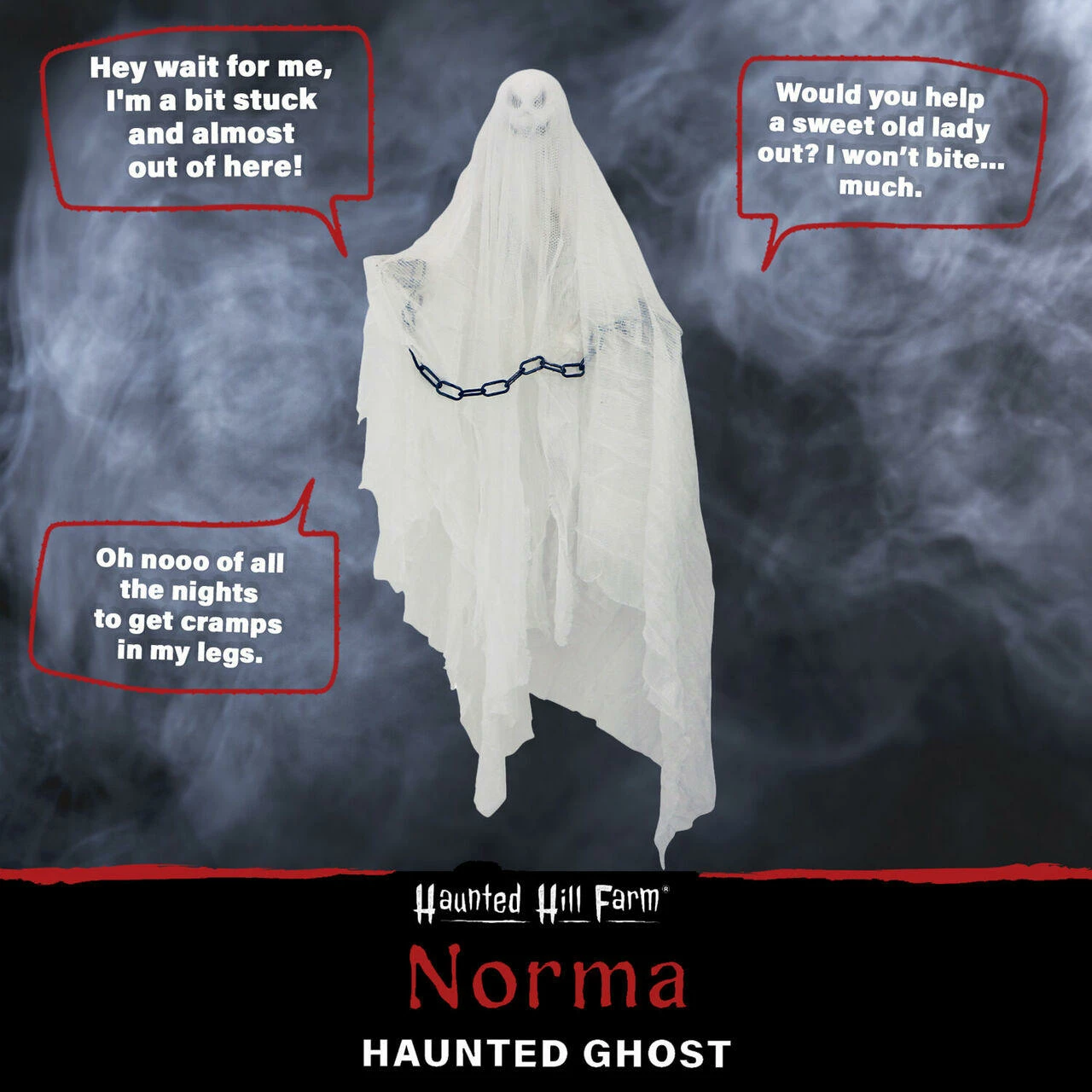 Fraser Hill Farm Haunted Hill Farm 32-In. Animatronic Hanging Ghost, Indoor/Outdoor Halloween Decoration, Red LED Eyes, Poseable, Battery-Operated, NORMA, HHMNGHST-2HLSA - Image 4