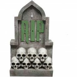 Fraser Hill Farm Haunted Hill Farm 2-Ft. RIP Tombstone With Skulls Prelit LED Resin Figurine, Indoor Or Covered Outdoor Halloween Decoration, Plug-in