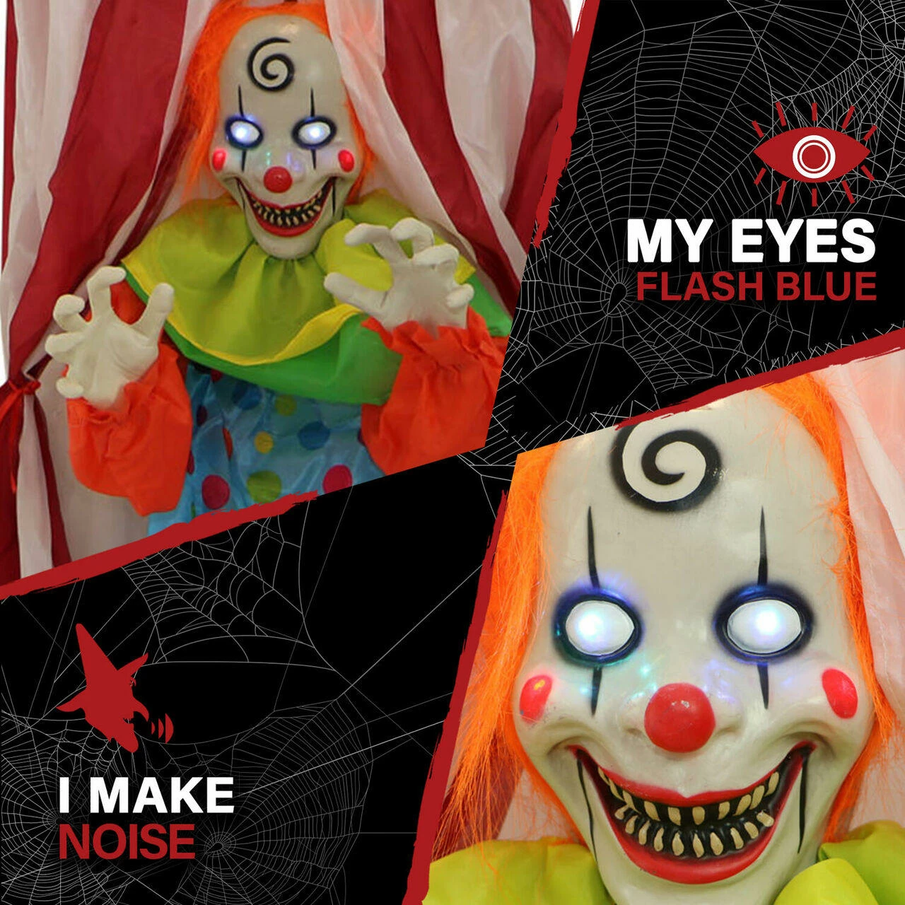 Fraser Hill Farm Haunted Hill Farm 6 Ft. Hanging Clown, LED Blue Eyes, Poseable, Battery, Romero - Image 2