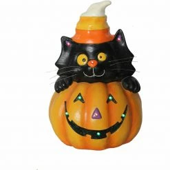 Fraser Hill Farm Haunted Hill Farm 14.5-in. Jack O' Lantern Cat Stack Decoration W/ LED Lights, Battery Operated