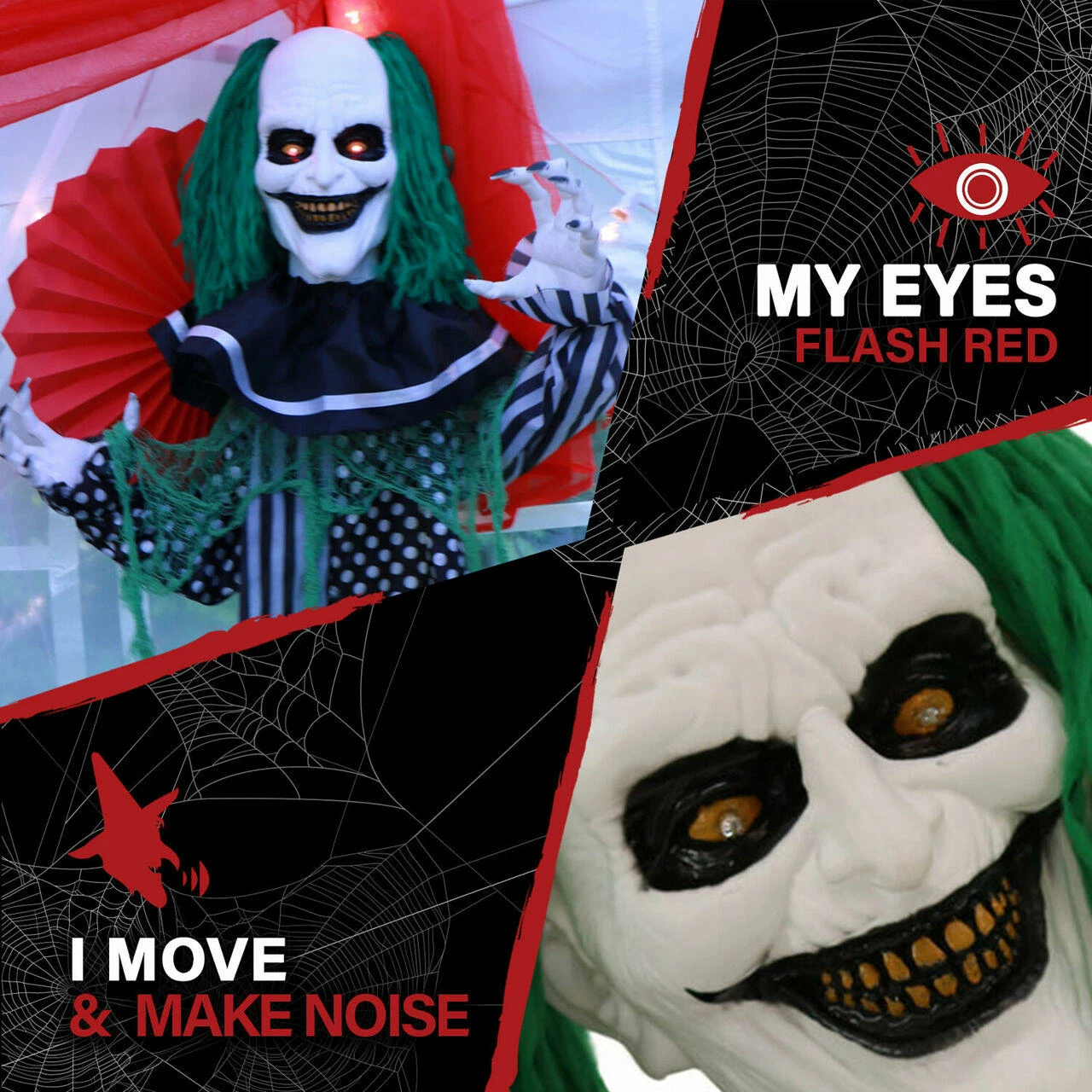 Fraser Hill Farm Haunted Hill Farm 2-ft. Animated Clown, Red LED Eyes, Poseable, Battery, Absinth - Image 3