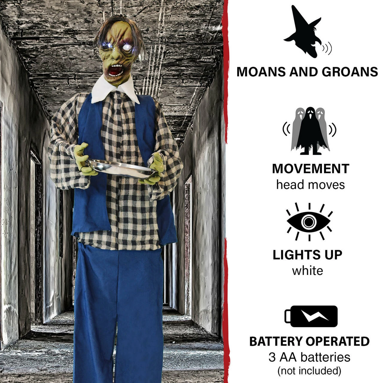 Fraser Hill Farm Haunted Hill Farm 6.25-ft. Zombie Waiter, LED Purple Eyes, Poseable, Battery, Timmy - Image 6