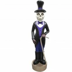 Fraser Hill Farm Haunted Hill Farm 4-Ft. Scary Skeleton Holding A Cane Prelit LED Resin Figurine, Indoor Or Covered Outdoor Halloween Decoration, Plug-In
