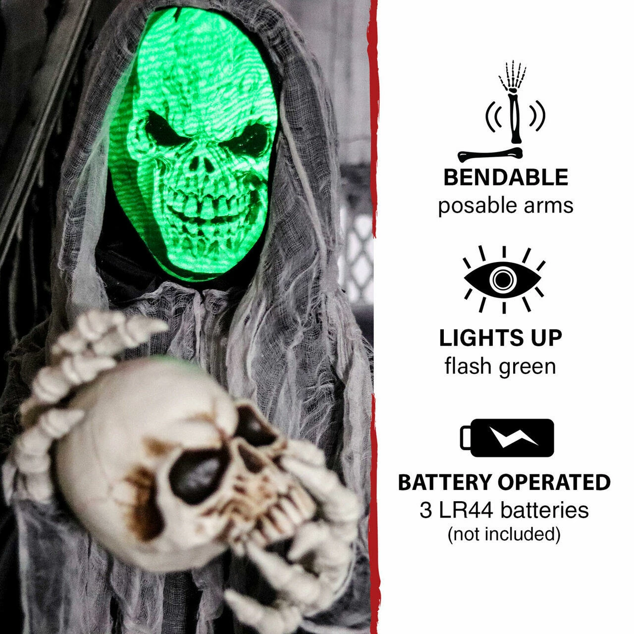Fraser Hill Farm Haunted Hill Farm 5.25-Ft. Standing Reaper With LED Green Face, Indoor Or Covered Outdoor Halloween Decoration, Battery-Operated, Silence, HHRPR-11FLS - Image 4