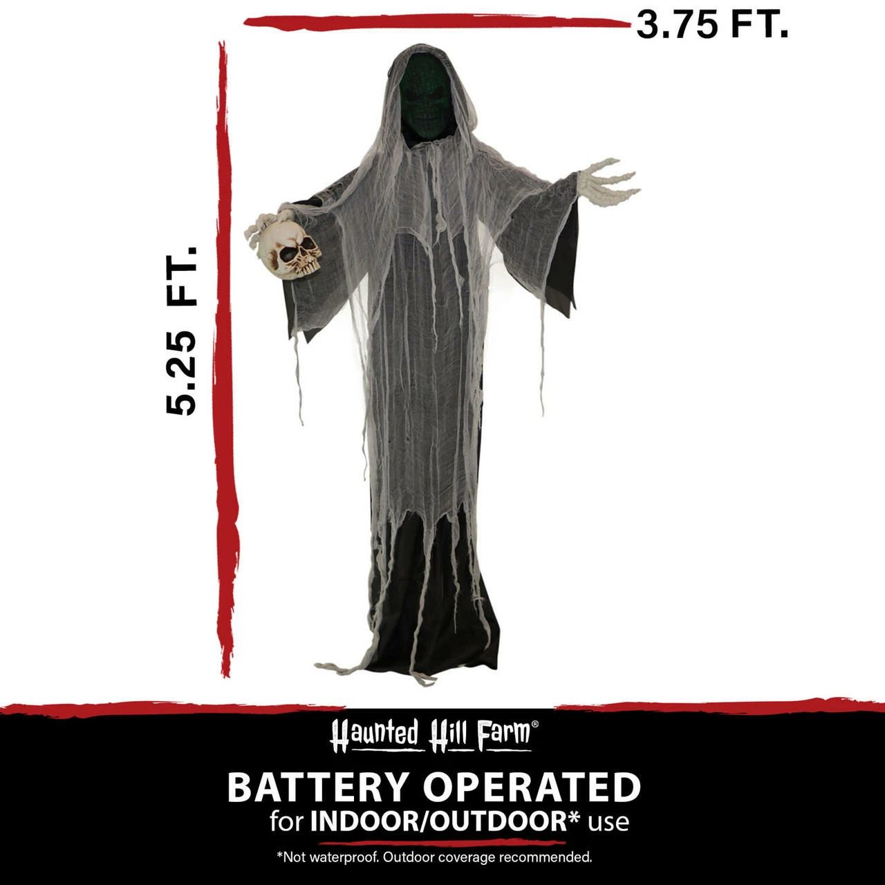 Fraser Hill Farm Haunted Hill Farm 5.25-Ft. Standing Reaper With LED Green Face, Indoor Or Covered Outdoor Halloween Decoration, Battery-Operated, Silence, HHRPR-11FLS - Image 5