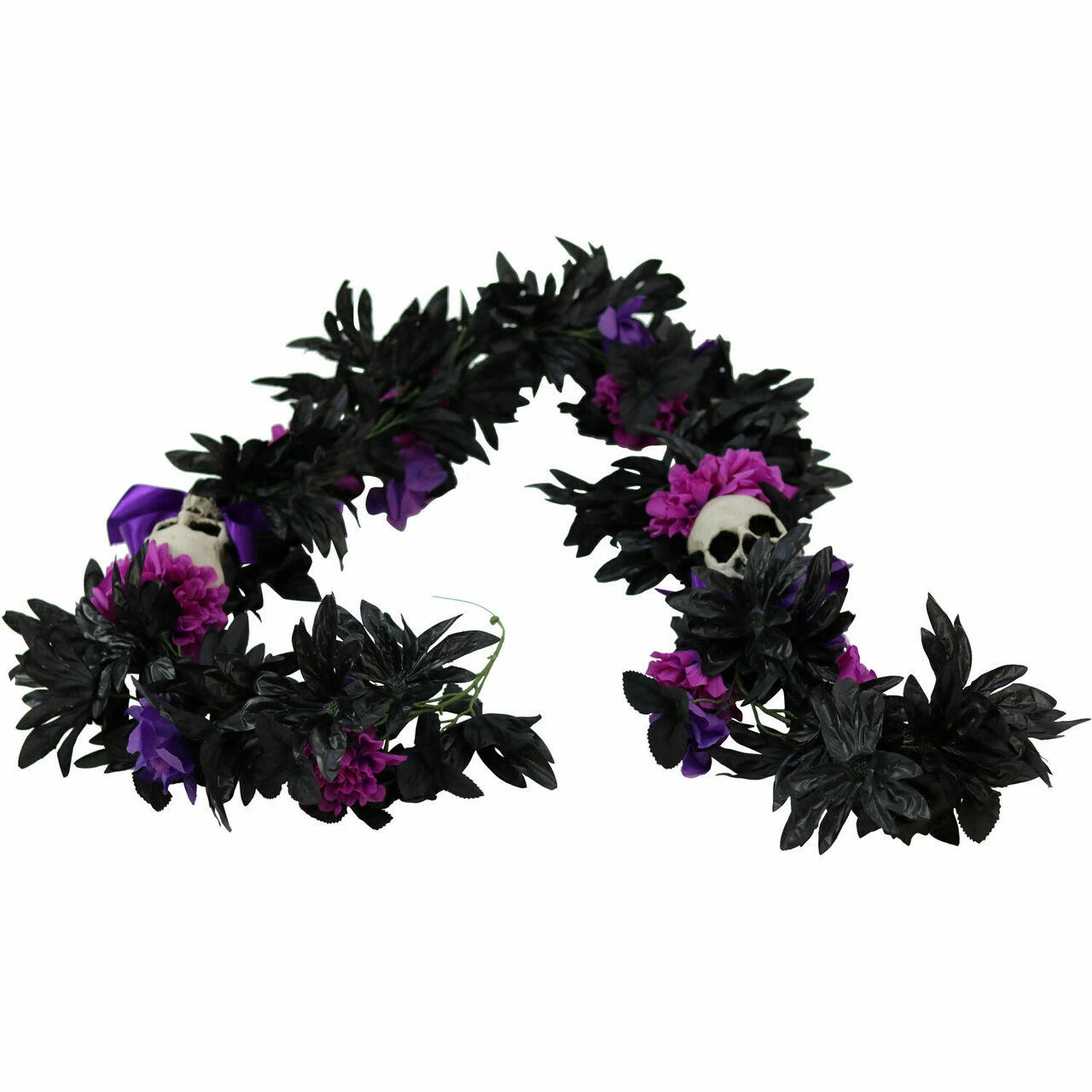 Fraser Hill Farm Haunted Hill Farm 6-Ft. Gothic Skull Garland With Black, Pink, And Purple Flowers, Indoor Or Covered Outdoor Halloween Decoration, HHGARSKL-1
