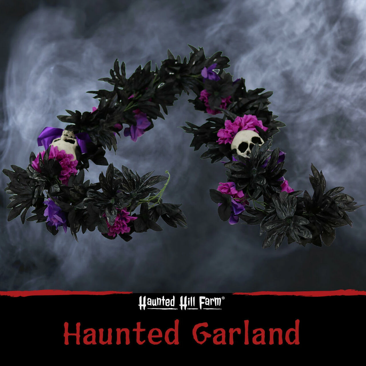 Fraser Hill Farm Haunted Hill Farm 6-Ft. Gothic Skull Garland With Black, Pink, And Purple Flowers, Indoor Or Covered Outdoor Halloween Decoration, HHGARSKL-1 - Image 2