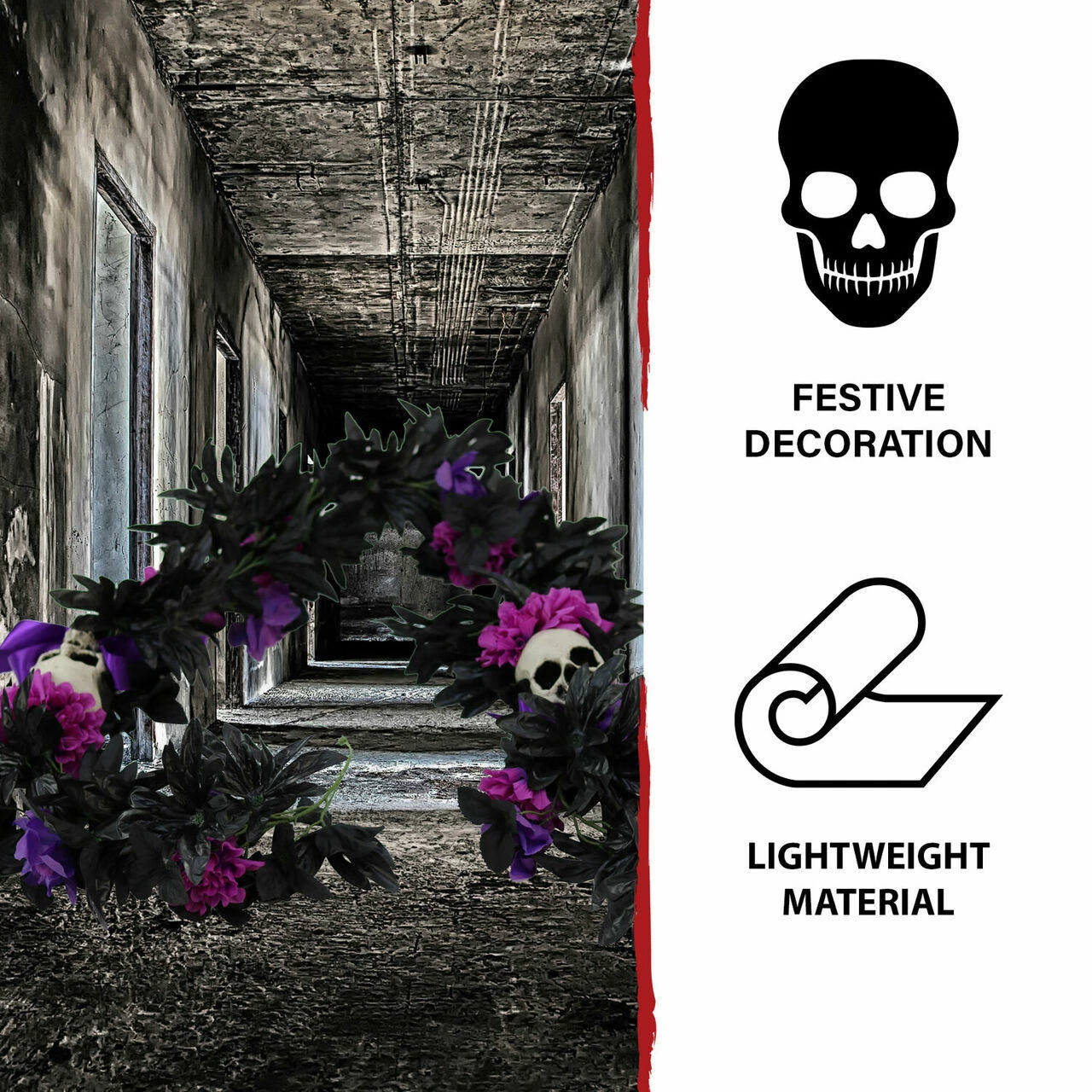 Fraser Hill Farm Haunted Hill Farm 6-Ft. Gothic Skull Garland With Black, Pink, And Purple Flowers, Indoor Or Covered Outdoor Halloween Decoration, HHGARSKL-1 - Image 3