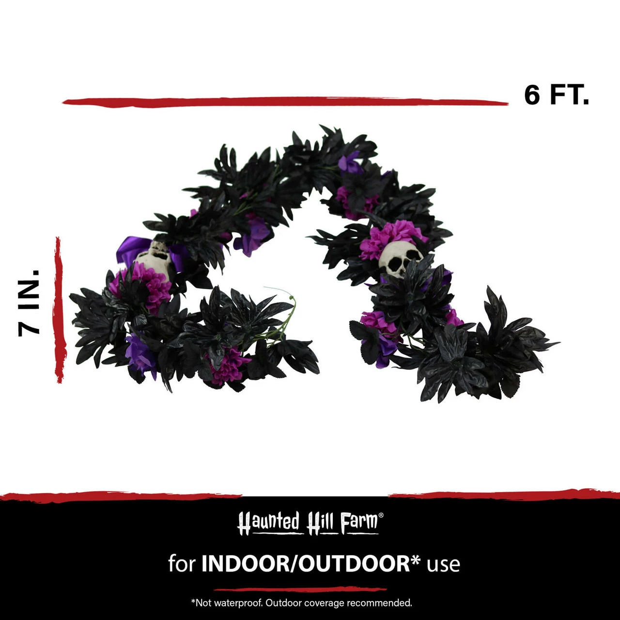Fraser Hill Farm Haunted Hill Farm 6-Ft. Gothic Skull Garland With Black, Pink, And Purple Flowers, Indoor Or Covered Outdoor Halloween Decoration, HHGARSKL-1 - Image 4