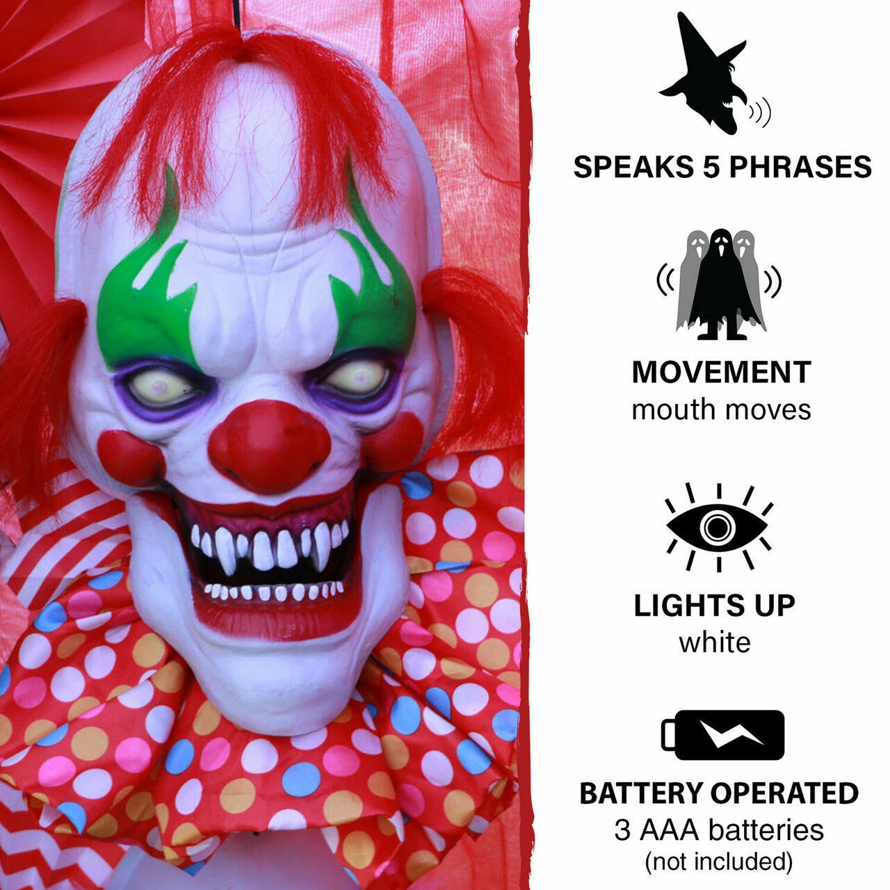 Fraser Hill Farm Haunted Hill Farm 30-In. Hanging Talking Clown Head, Halloween Decoration For Indoor Or Covered Outdoor Display, Battery-Operated, Red - Image 2