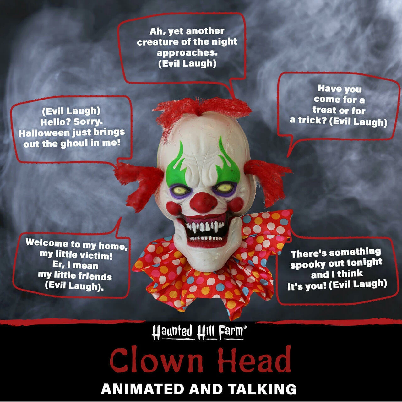 Fraser Hill Farm Haunted Hill Farm 30-In. Hanging Talking Clown Head, Halloween Decoration For Indoor Or Covered Outdoor Display, Battery-Operated, Red - Image 4