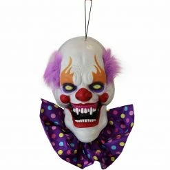 Fraser Hill Farm Haunted Hill Farm 20-In. Hanging Talking Clown Head, Halloween Decoration For Indoor Or Covered Outdoor Display, Battery-Operated, Purple, HHDHCLOWN-3LSA