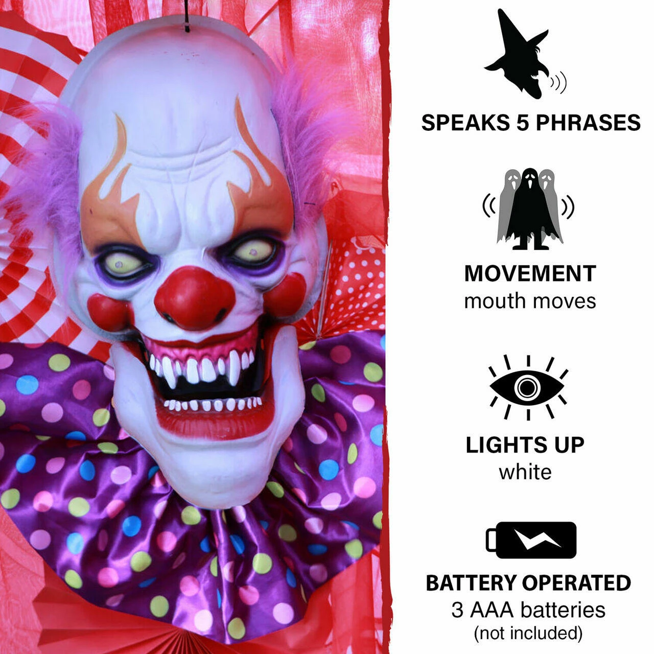 Fraser Hill Farm Haunted Hill Farm 20-In. Hanging Talking Clown Head, Halloween Decoration For Indoor Or Covered Outdoor Display, Battery-Operated, Purple, HHDHCLOWN-3LSA - Image 2