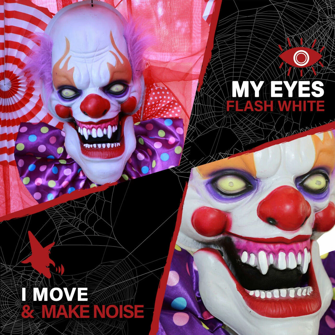 Fraser Hill Farm Haunted Hill Farm 20-In. Hanging Talking Clown Head, Halloween Decoration For Indoor Or Covered Outdoor Display, Battery-Operated, Purple, HHDHCLOWN-3LSA - Image 3