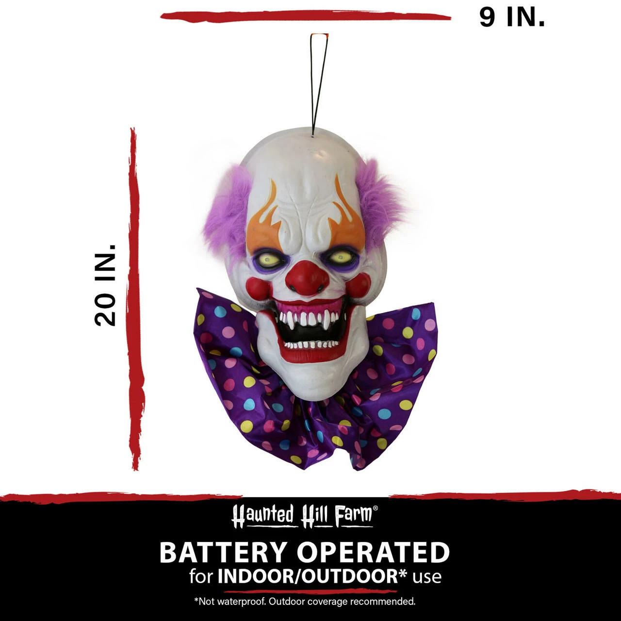 Fraser Hill Farm Haunted Hill Farm 20-In. Hanging Talking Clown Head, Halloween Decoration For Indoor Or Covered Outdoor Display, Battery-Operated, Purple, HHDHCLOWN-3LSA - Image 5