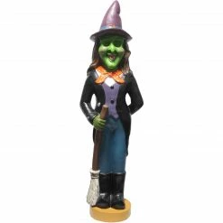Fraser Hill Farm Haunted Hill Farm 4-Ft. Scary Witch Holding A Broom Prelit LED Resin, Indoor Or Covered Outdoor Halloween Decoration, Plug-In