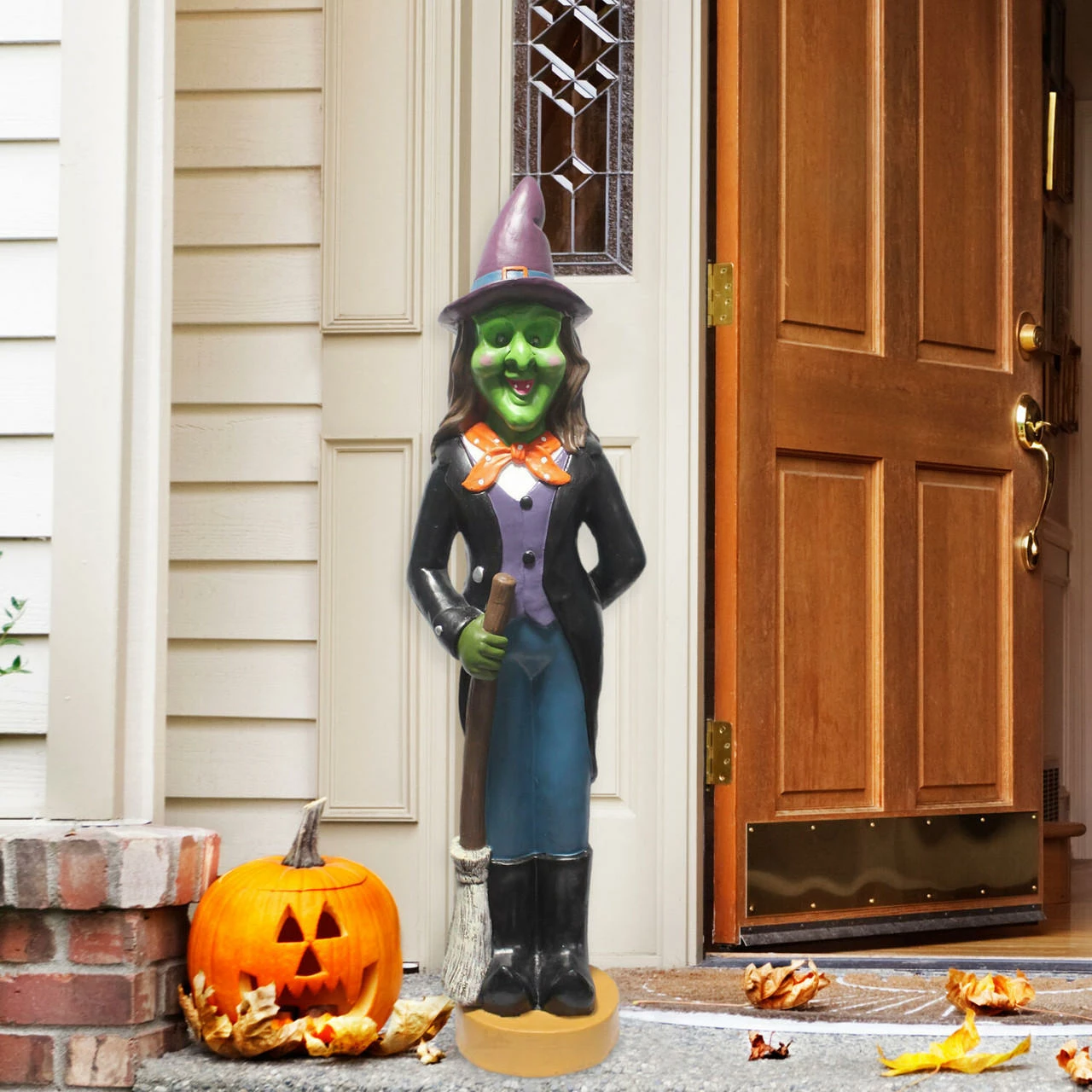 Fraser Hill Farm Haunted Hill Farm 4-Ft. Scary Witch Holding A Broom Prelit LED Resin, Indoor Or Covered Outdoor Halloween Decoration, Plug-In - Image 2