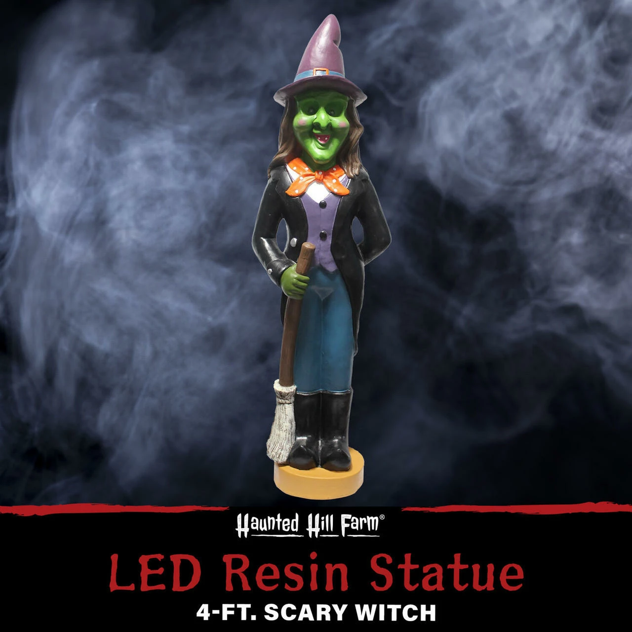 Fraser Hill Farm Haunted Hill Farm 4-Ft. Scary Witch Holding A Broom Prelit LED Resin, Indoor Or Covered Outdoor Halloween Decoration, Plug-In - Image 3