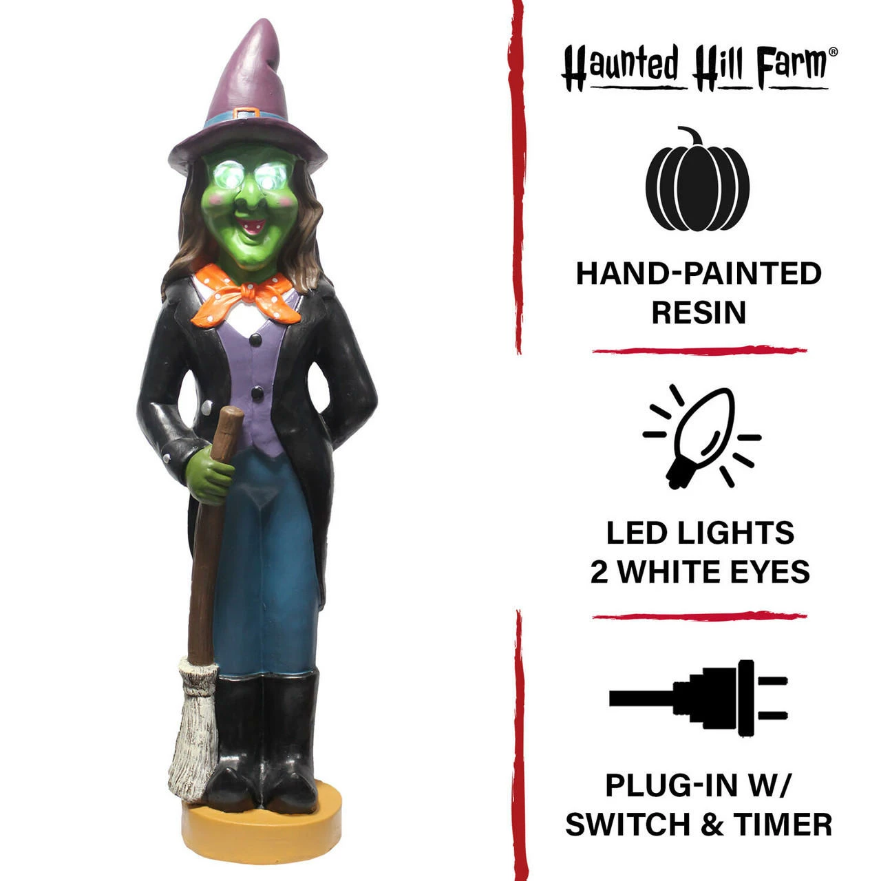 Fraser Hill Farm Haunted Hill Farm 4-Ft. Scary Witch Holding A Broom Prelit LED Resin, Indoor Or Covered Outdoor Halloween Decoration, Plug-In - Image 4