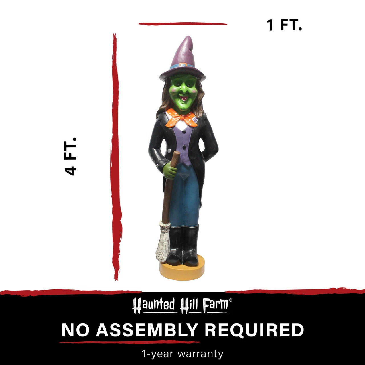 Fraser Hill Farm Haunted Hill Farm 4-Ft. Scary Witch Holding A Broom Prelit LED Resin, Indoor Or Covered Outdoor Halloween Decoration, Plug-In - Image 5
