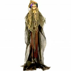 Fraser Hill Farm Haunted Hill Farm 6-Ft. Scarecrow Witch, Indoor/Covered Outdoor Halloween Decoration, LED Multi Eyes, Poseable, Battery-Operated, Helena, HHWITCH-19FLS