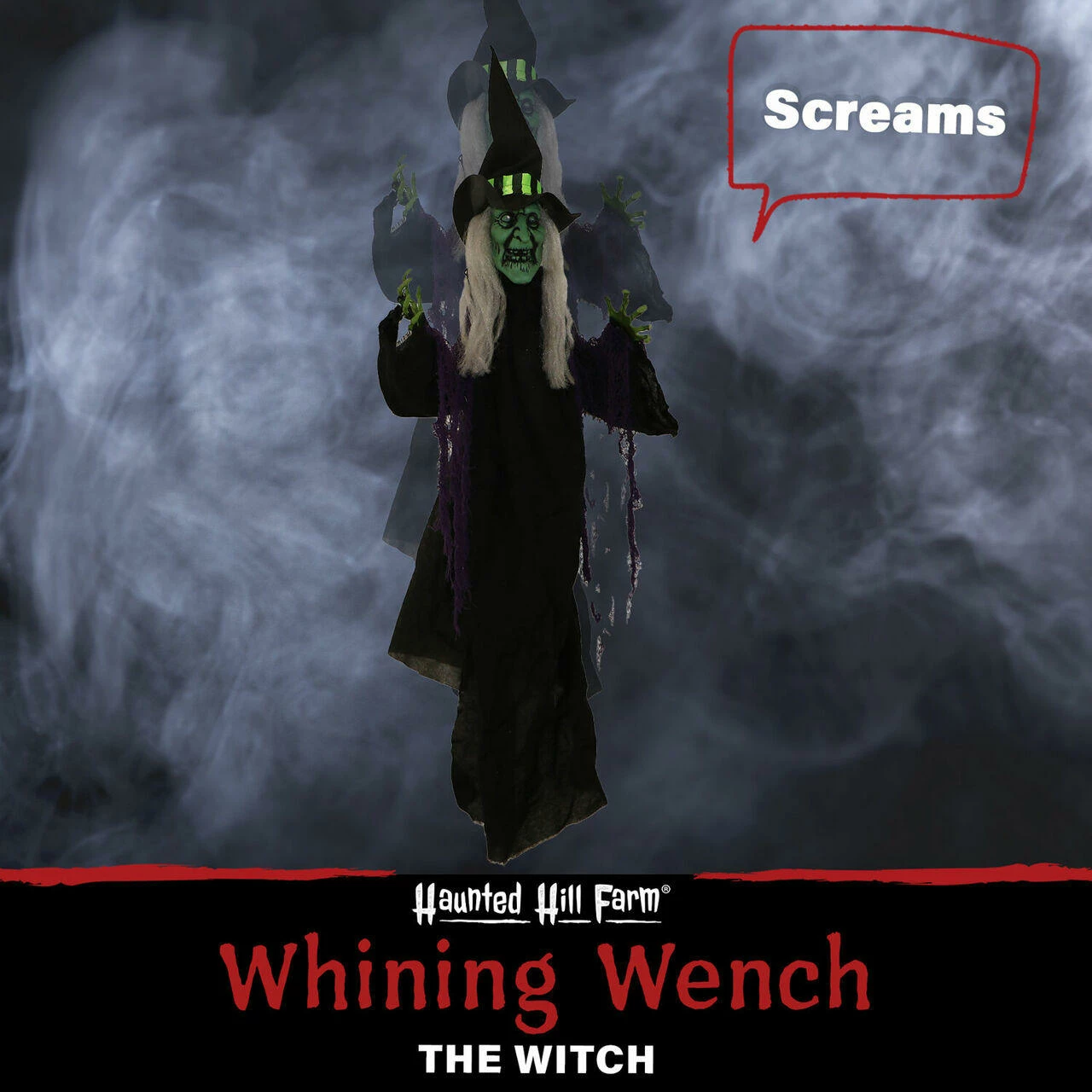Fraser Hill Farm Haunted Hill Farm 40-In. Hanging Witch Prop With Red LED Eyes, Indoor Or Covered Outdoor Halloween Decoration, Battery-Operated, Whining Wench, HHWITCH-29HLSA - Image 2