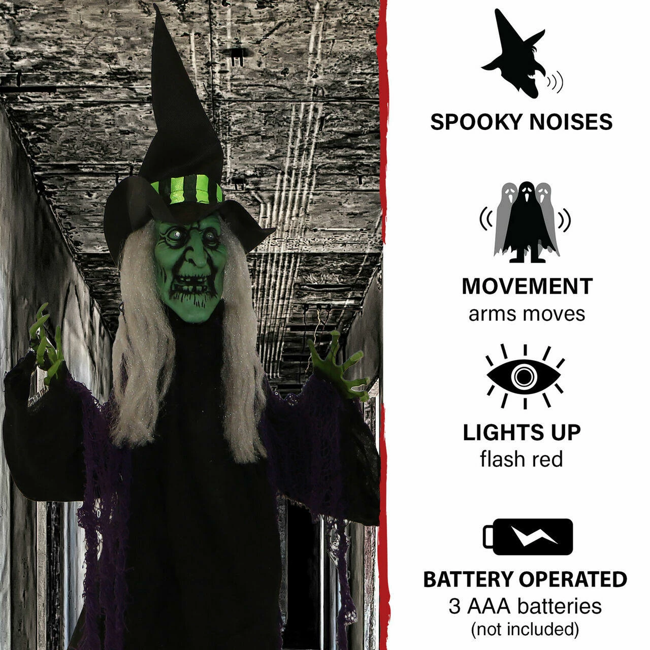 Fraser Hill Farm Haunted Hill Farm 40-In. Hanging Witch Prop With Red LED Eyes, Indoor Or Covered Outdoor Halloween Decoration, Battery-Operated, Whining Wench, HHWITCH-29HLSA - Image 3