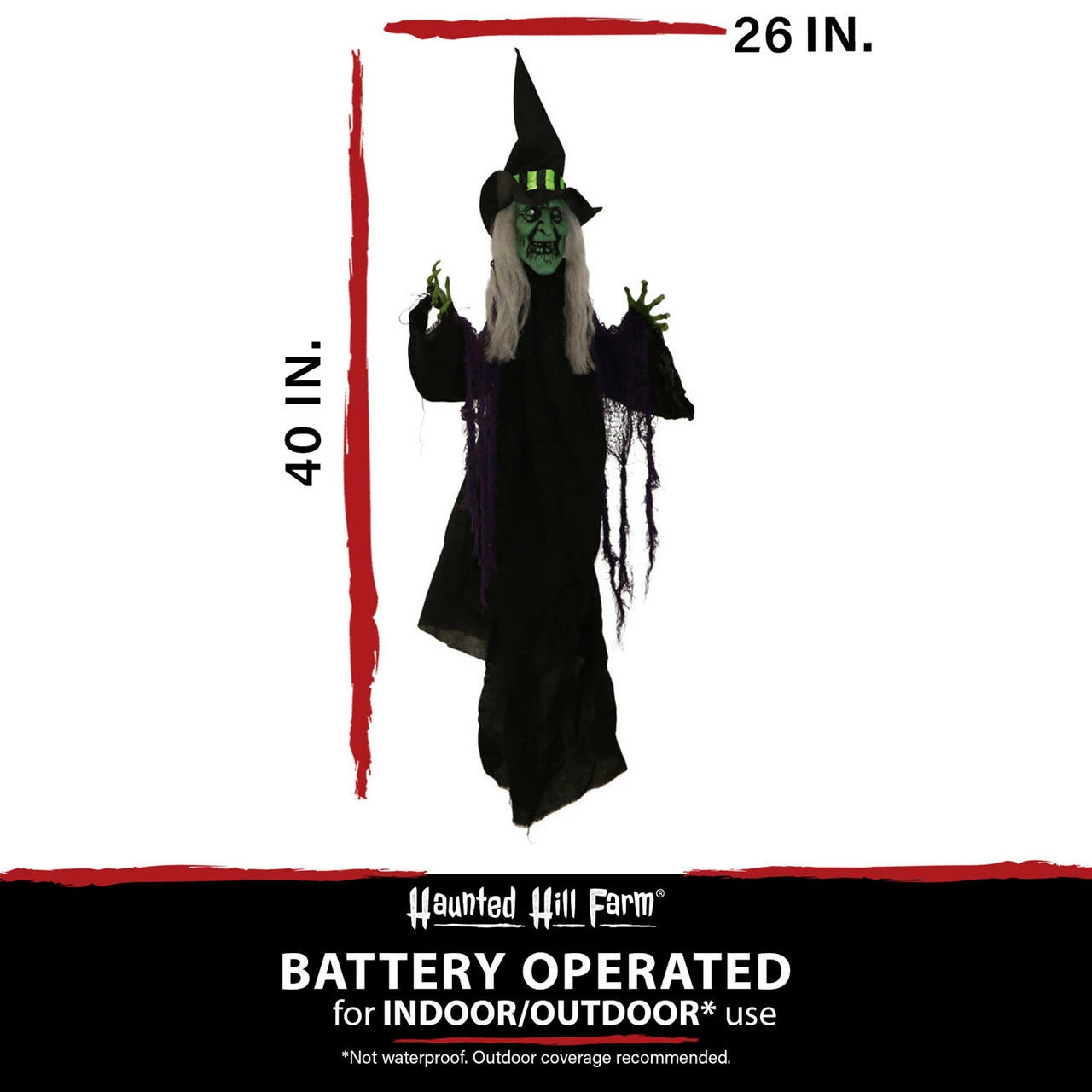 Fraser Hill Farm Haunted Hill Farm 40-In. Hanging Witch Prop With Red LED Eyes, Indoor Or Covered Outdoor Halloween Decoration, Battery-Operated, Whining Wench, HHWITCH-29HLSA - Image 4