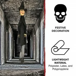 Fraser Hill Farm 4-Ft, Hanging Witch, Black And Purple Stockings, Indoor Or Covered Outdoor Halloween Decoration