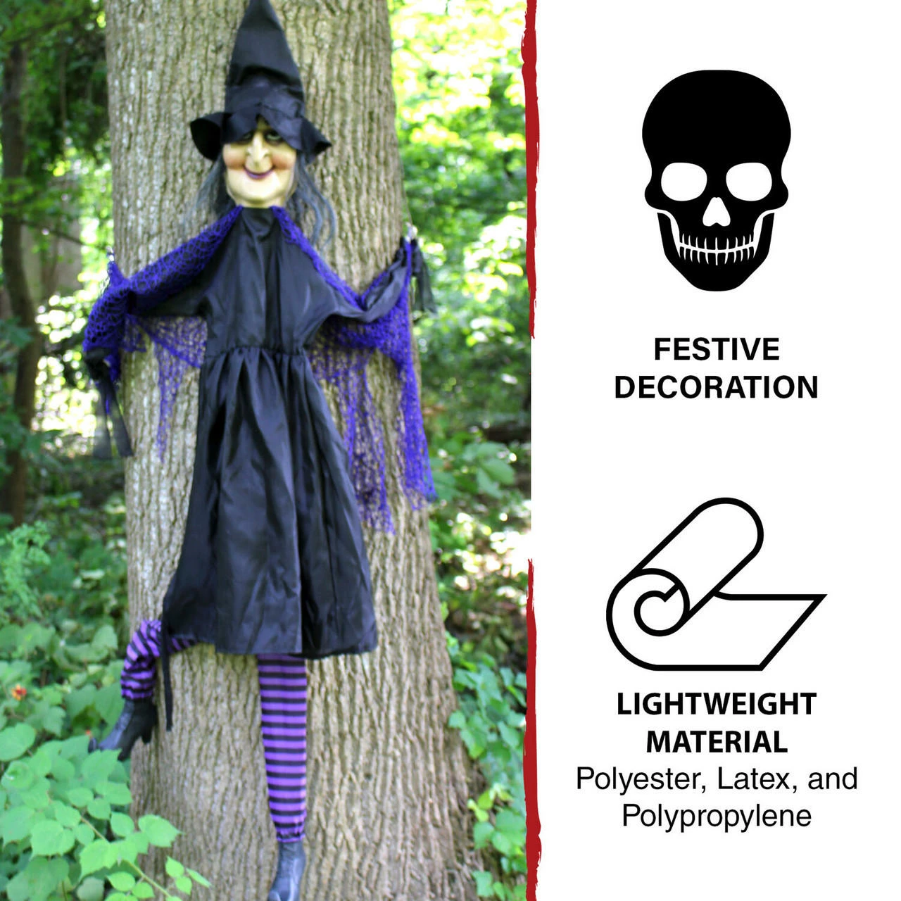 Fraser Hill Farm 4-Ft, Hanging Witch, Black And Purple Stockings, Indoor Or Covered Outdoor Halloween Decoration - Image 2