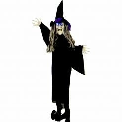 Fraser Hill Farm Haunted Hill Farm 3.25-Ft. Animatronic Floating Witch Prop, Indoor Or Outdoor Halloween Decoration, Blue LED Eyes, Poseable, Battery-Operated, HHMNWTC-6HLSA