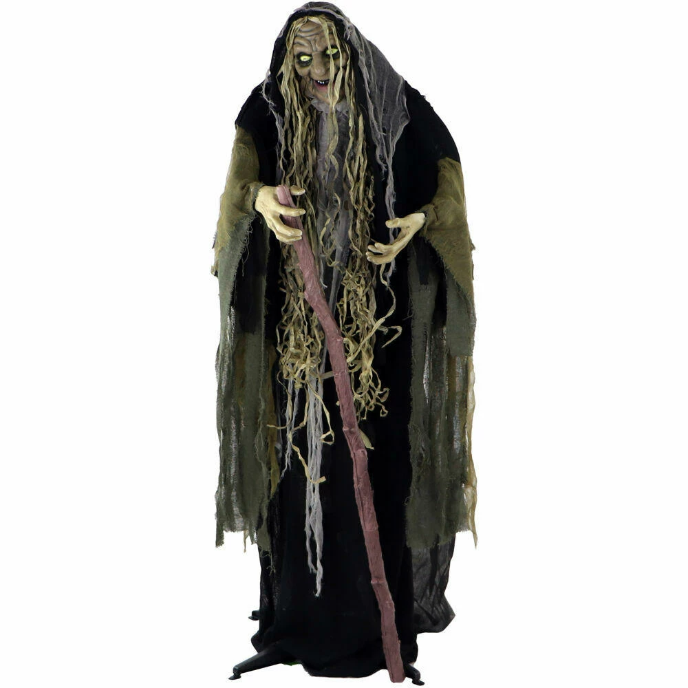 Fraser Hill Farm Life-Size Poseable Animatronic Witch With Light-up White Eyes (Voodoo)