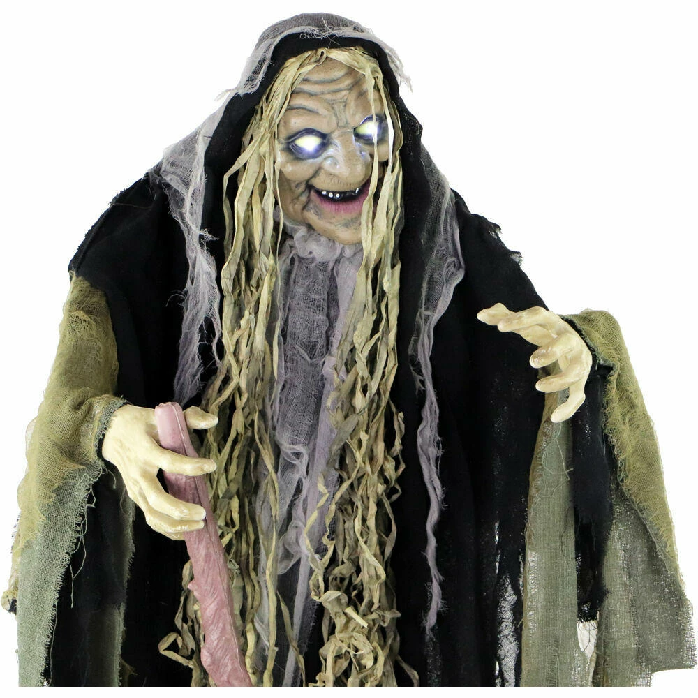 Fraser Hill Farm Life-Size Poseable Animatronic Witch With Light-up White Eyes (Voodoo) - Image 2