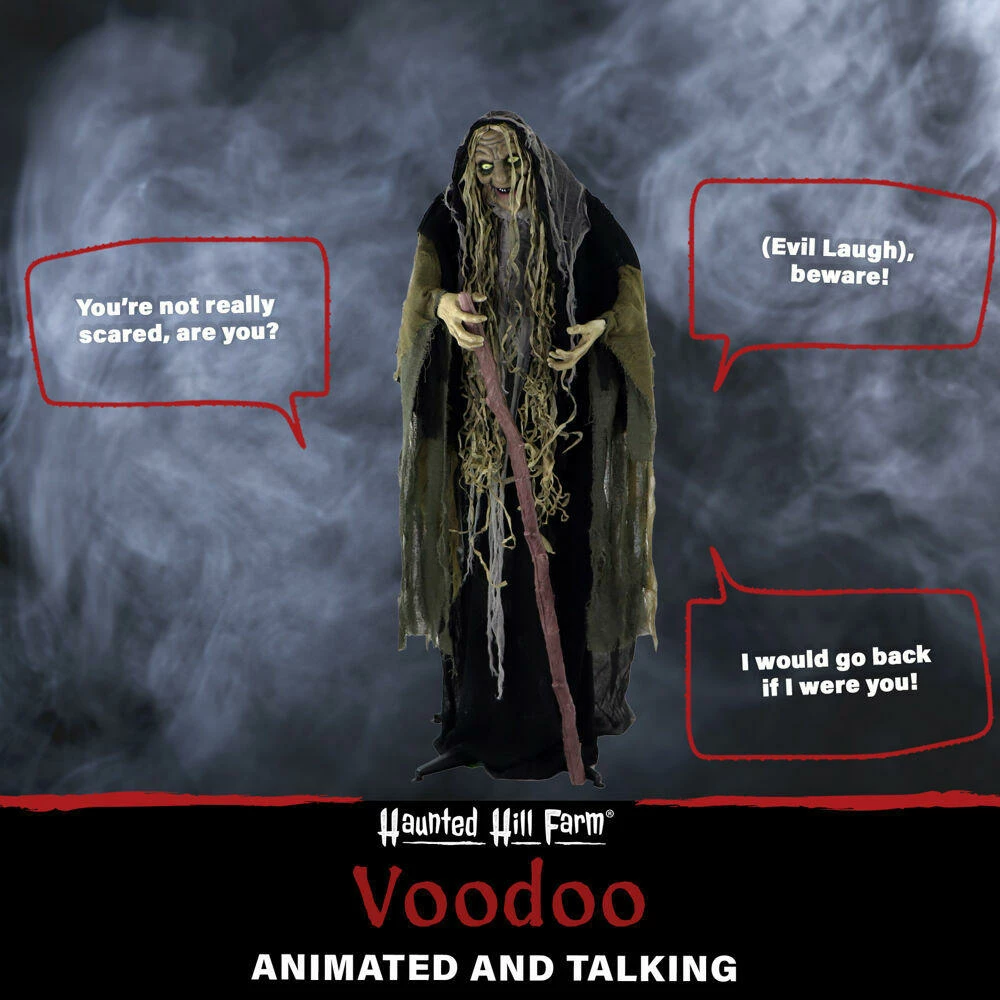 Fraser Hill Farm Life-Size Poseable Animatronic Witch With Light-up White Eyes (Voodoo) - Image 4