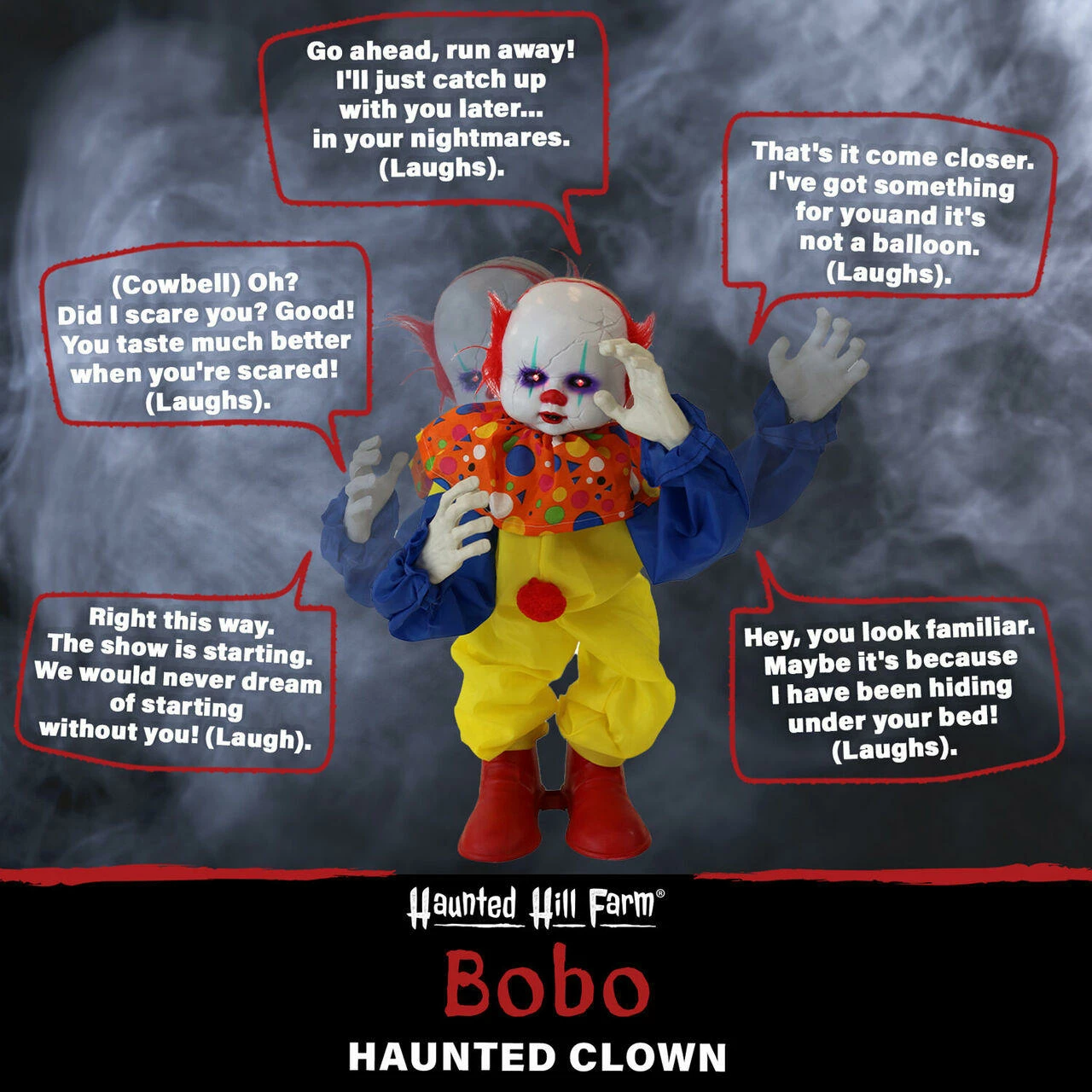 Fraser Hill Farm Haunted Hill Farm 2-ft. Animatronic Clown, Red LED Eyes, Battery, Bobo - Image 3