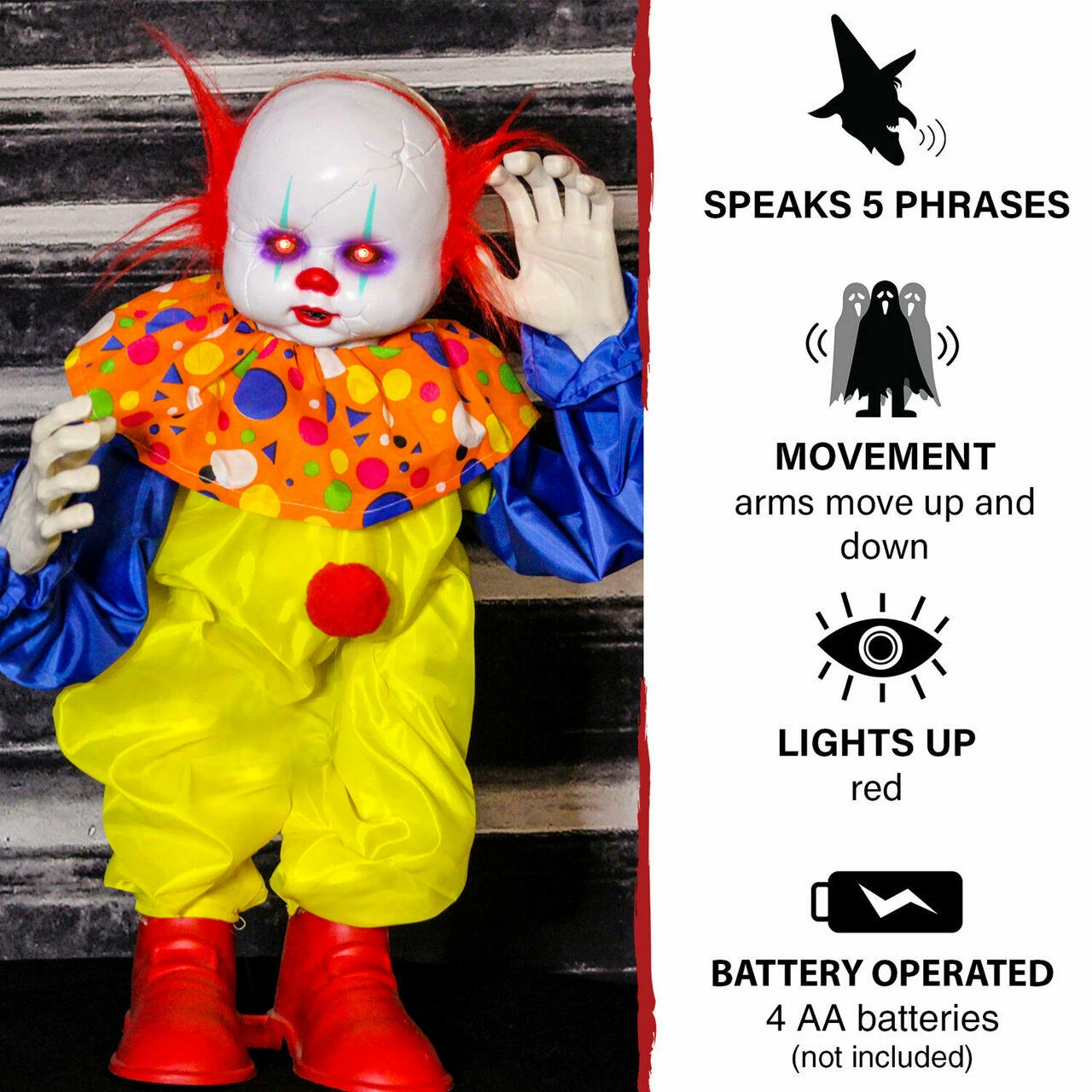 Fraser Hill Farm Haunted Hill Farm 2-ft. Animatronic Clown, Red LED Eyes, Battery, Bobo - Image 4
