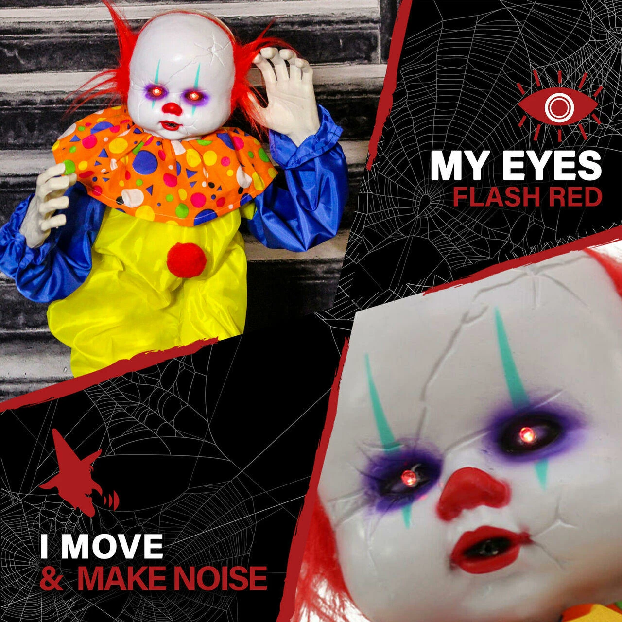 Fraser Hill Farm Haunted Hill Farm 2-ft. Animatronic Clown, Red LED Eyes, Battery, Bobo - Image 5