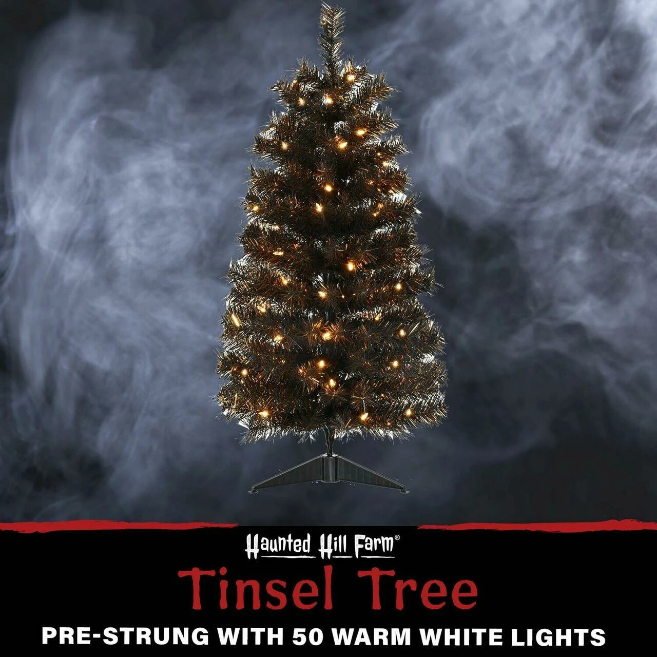 Fraser Hill Farm Haunted Hill Farm 3-Ft. Spooky Black Tinsel Tree, Warm White LED Lights - Image 2