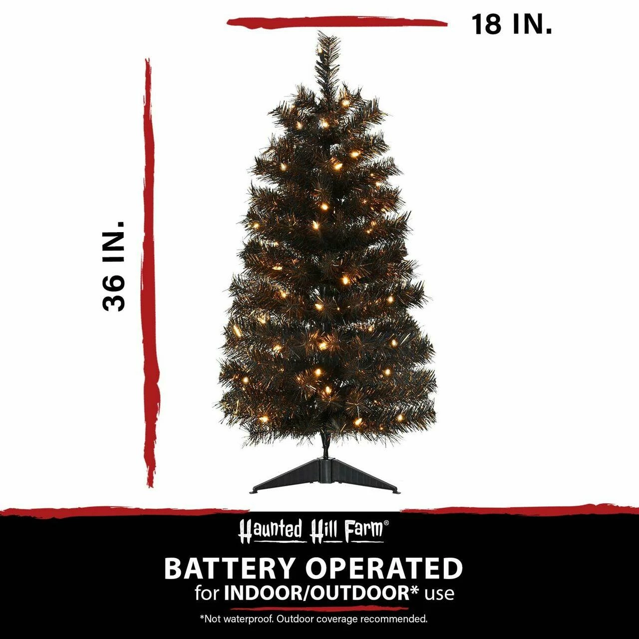 Fraser Hill Farm Haunted Hill Farm 3-Ft. Spooky Black Tinsel Tree, Warm White LED Lights - Image 4