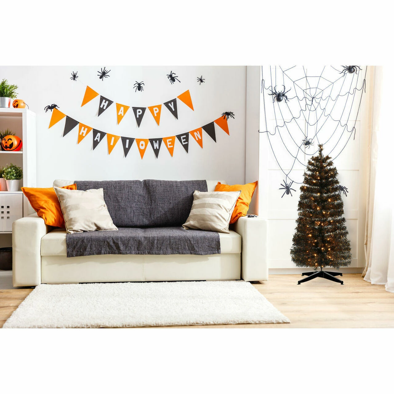 Fraser Hill Farm Haunted Hill Farm 4-Ft. Spooky Black Tinsel Tree, Warm White LED Lights