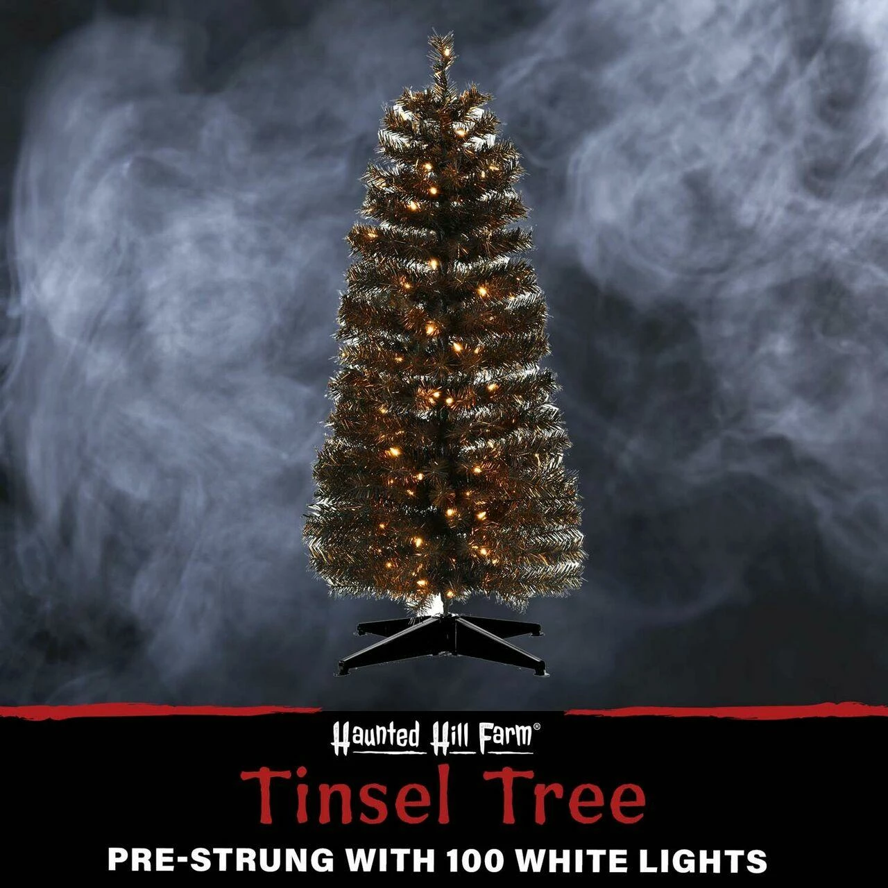 Fraser Hill Farm Haunted Hill Farm 4-Ft. Spooky Black Tinsel Tree, Warm White LED Lights - Image 2
