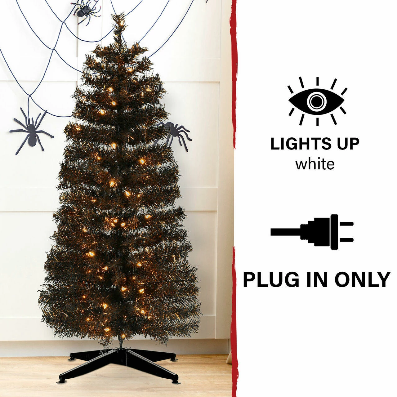 Fraser Hill Farm Haunted Hill Farm 4-Ft. Spooky Black Tinsel Tree, Warm White LED Lights - Image 3